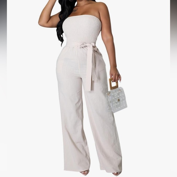 White Tube Top Frill Smocked Wide Leg Jumper NWT Size Large NWT - Picture 1 of 7